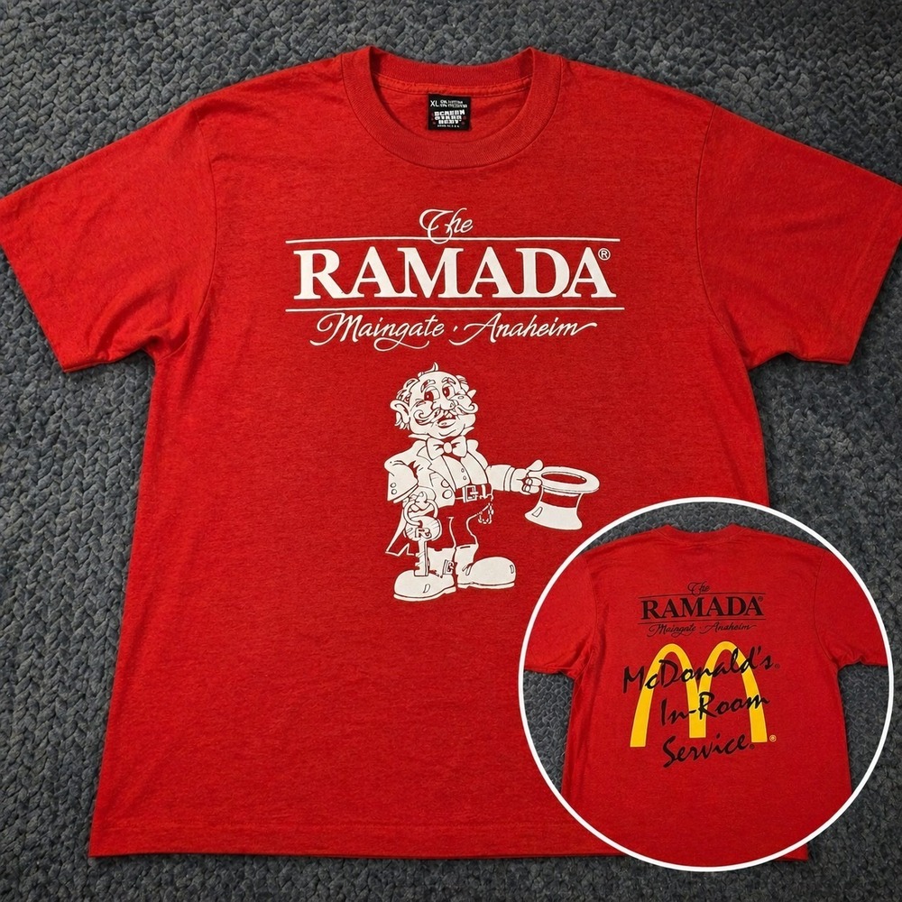 Vintage Ramada Anaheim McDonald's‎ Disneyland Maingate T-Shirt Men's XL Red USA